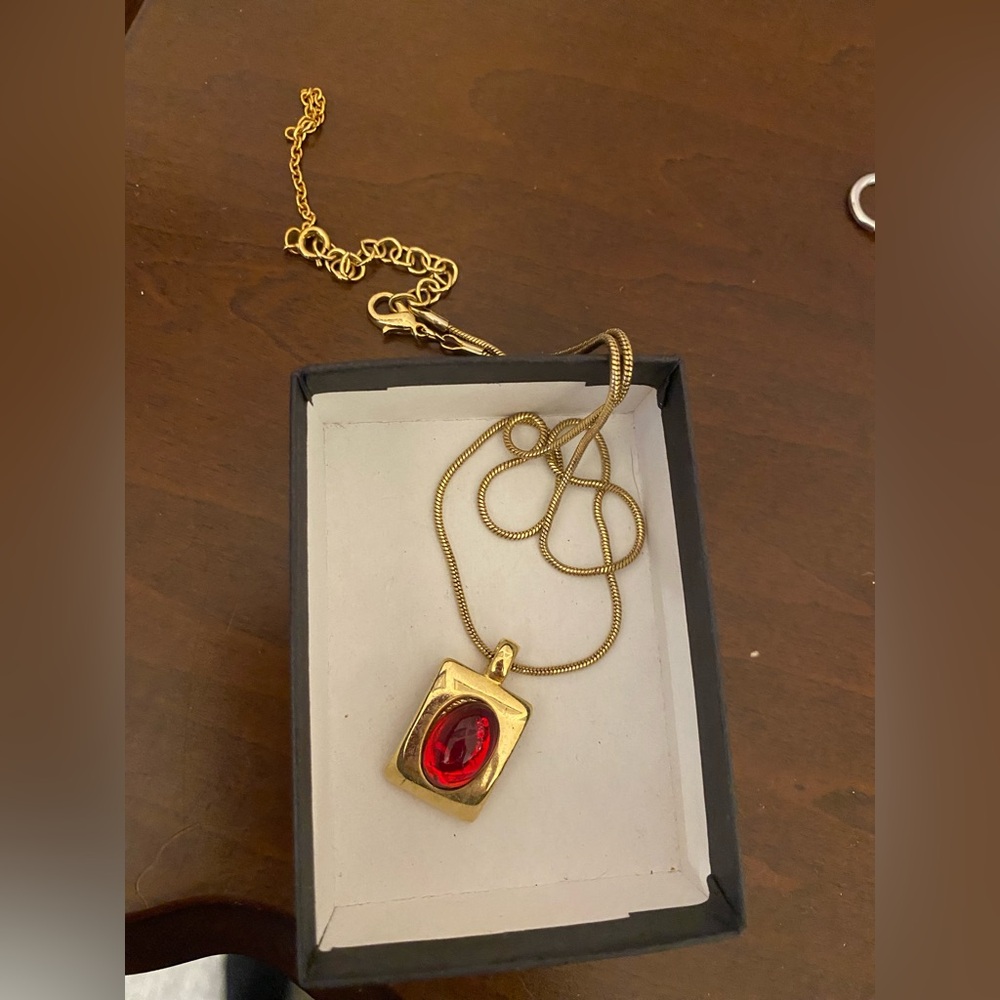 Avon Gold Necklace with Red Gemstone Pendant